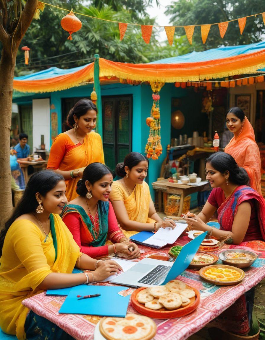 A vibrant gathering of Bengali bloggers in a colorful outdoor setting, showcasing traditional Bengali symbols such as alpana designs and festive decorations. The bloggers are engaged in lively discussions with laptops and notebooks, surrounded by rich Bengali culture, including tea stalls and traditional sweets. Bright attire is depicted, symbolizing creativity and community spirit. super-realistic. vibrant colors. outdoor setting.