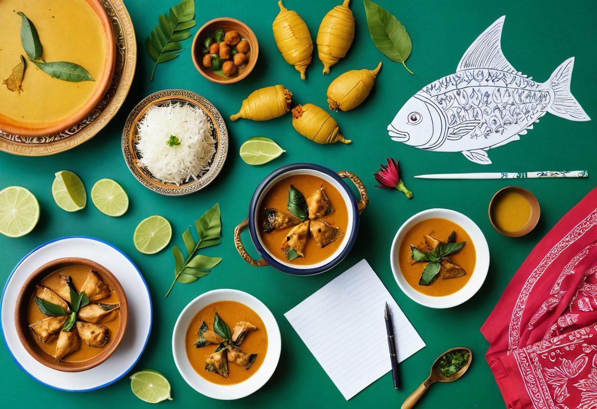 A colorful montage featuring traditional Bengali items like a clay pot filled with fish curry, a plate of mishti (sweets), and vibrant sarees hanging in the background. In the forefront, an open notebook with a pen symbolizes writing and creativity. Surrounding these elements, iconic landmarks of Bengal like the Howrah Bridge and a lush green tea garden provide a cultural backdrop. The atmosphere should feel warm and inviting, capturing the essence of Bengali culture and cuisine. vibrant colors. painting.